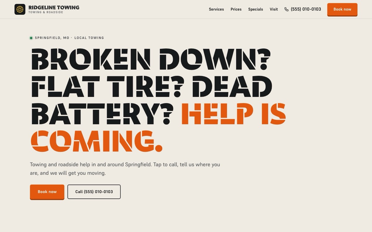 Ridgeline Towing website with bold stencil type