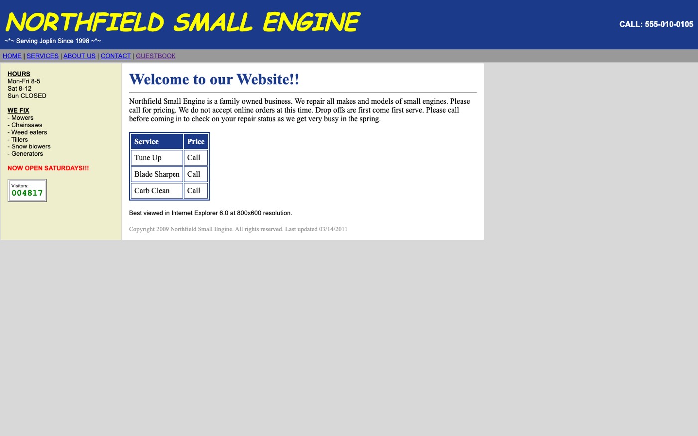 Before: an outdated website with tables, bright yellow text and a visitor counter