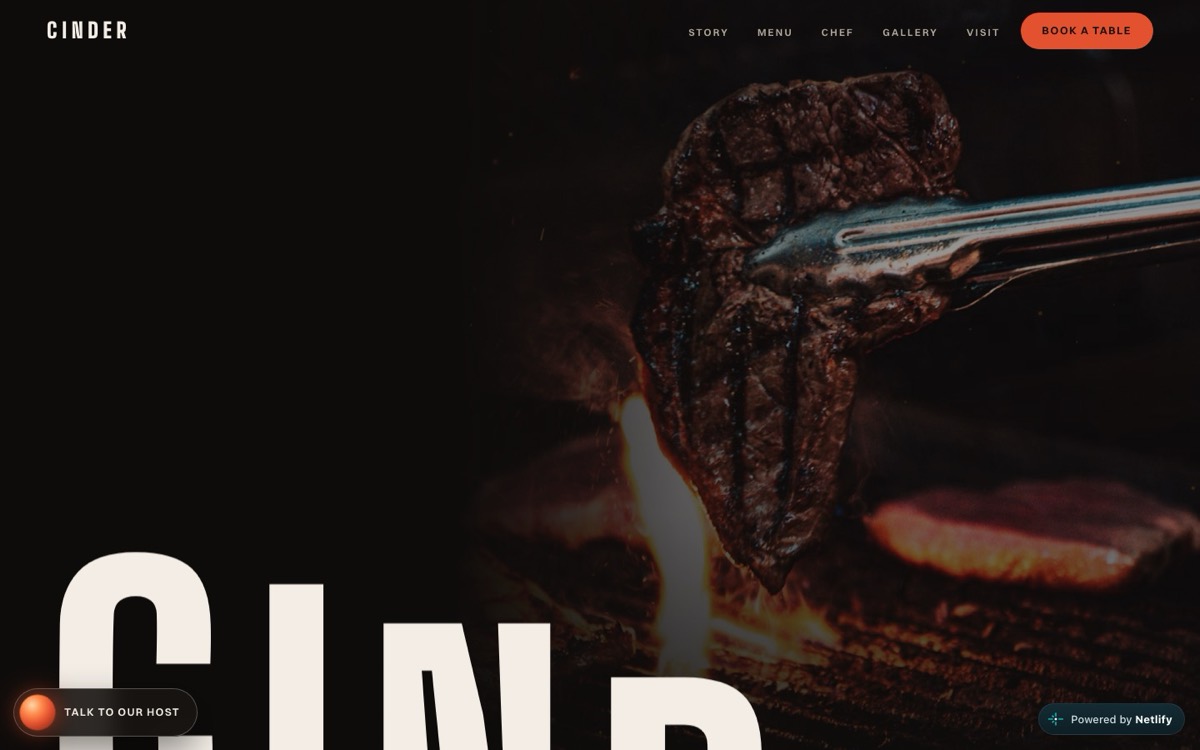 Cinder steakhouse website with a dark, cinematic homepage